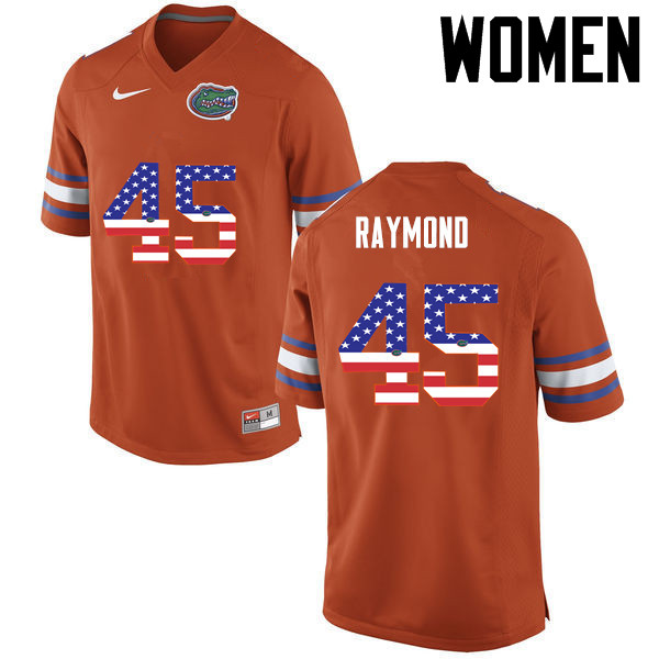 Women Florida Gators #45 R.J. Raymond College Football USA Flag Fashion Jerseys-Orange - Click Image to Close